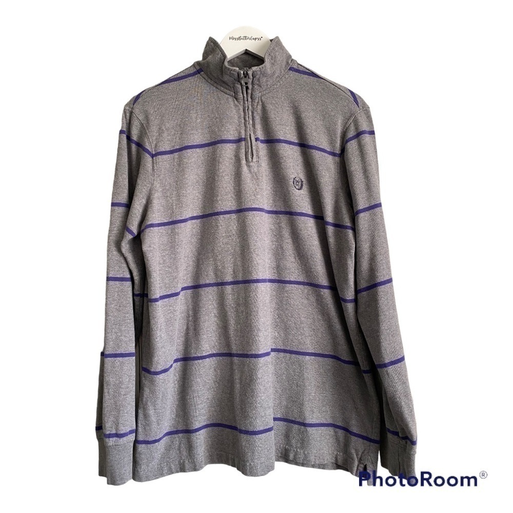 Chaps Mens 1/4 zip grey With Purple Stripes Thin Pullover | Size Medium